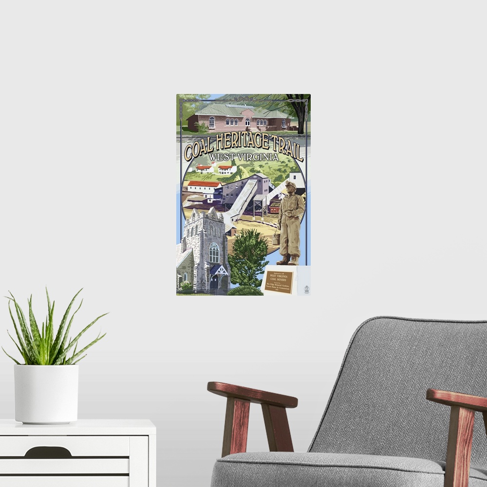 A modern room featuring Coal Heritage Trail, West Virginia - Montage Scenes: Retro Travel Poster