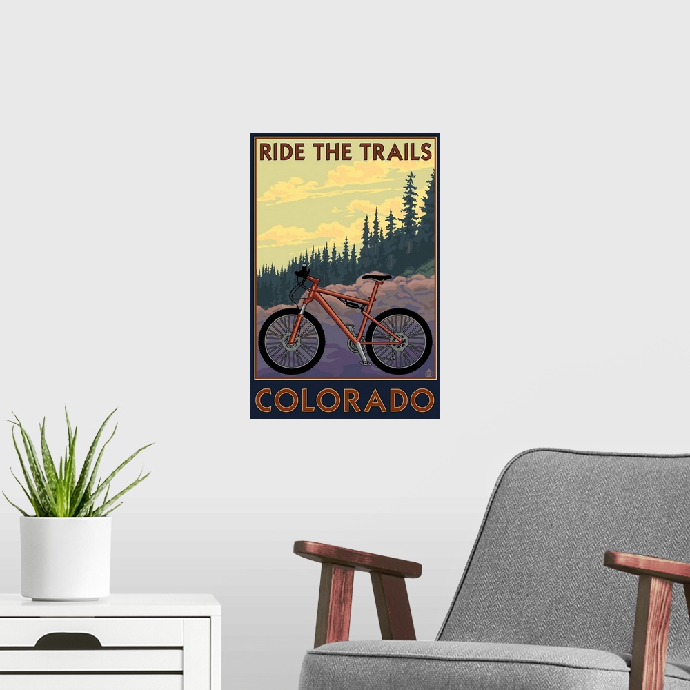 A modern room featuring Colorado - Mountain Bike Scene: Retro Travel Poster