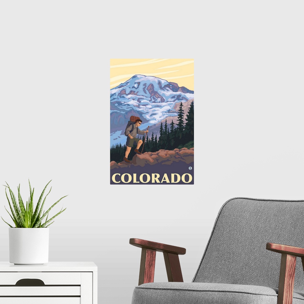 A modern room featuring Colorado Mountain Hiker: Retro Travel Poster