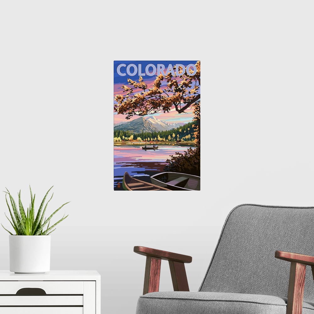 A modern room featuring Colorado - Twilight Lake Scene: Retro Travel Poster