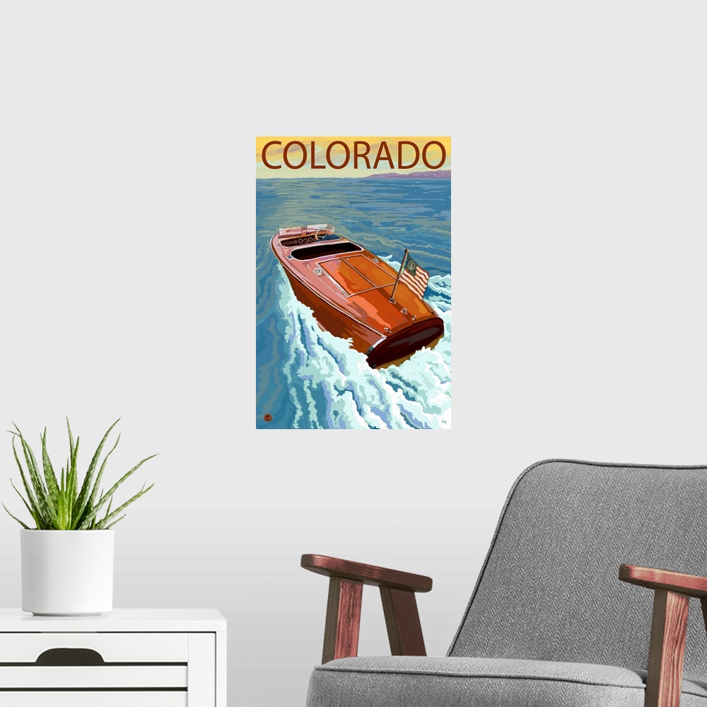 A modern room featuring Colorado - Wooden Boat Scene: Retro Travel Poster