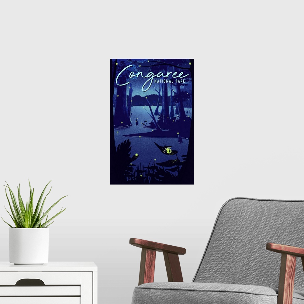 A modern room featuring Congaree National Park, Lightning Bugs: Retro Travel Poster