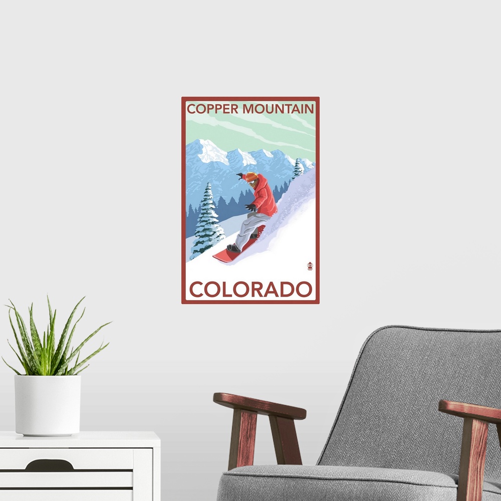 A modern room featuring Copper Mountain, Colorado - Downhill Snowboarder: Retro Travel Poster