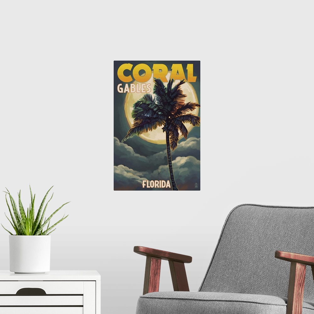 A modern room featuring Coral Gables, Florida - Palms and Moon: Retro Travel Poster