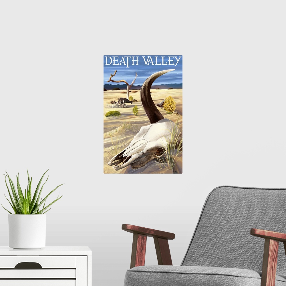 A modern room featuring Retro stylized art poster of a bull skull laying in the sand of a dry desert.