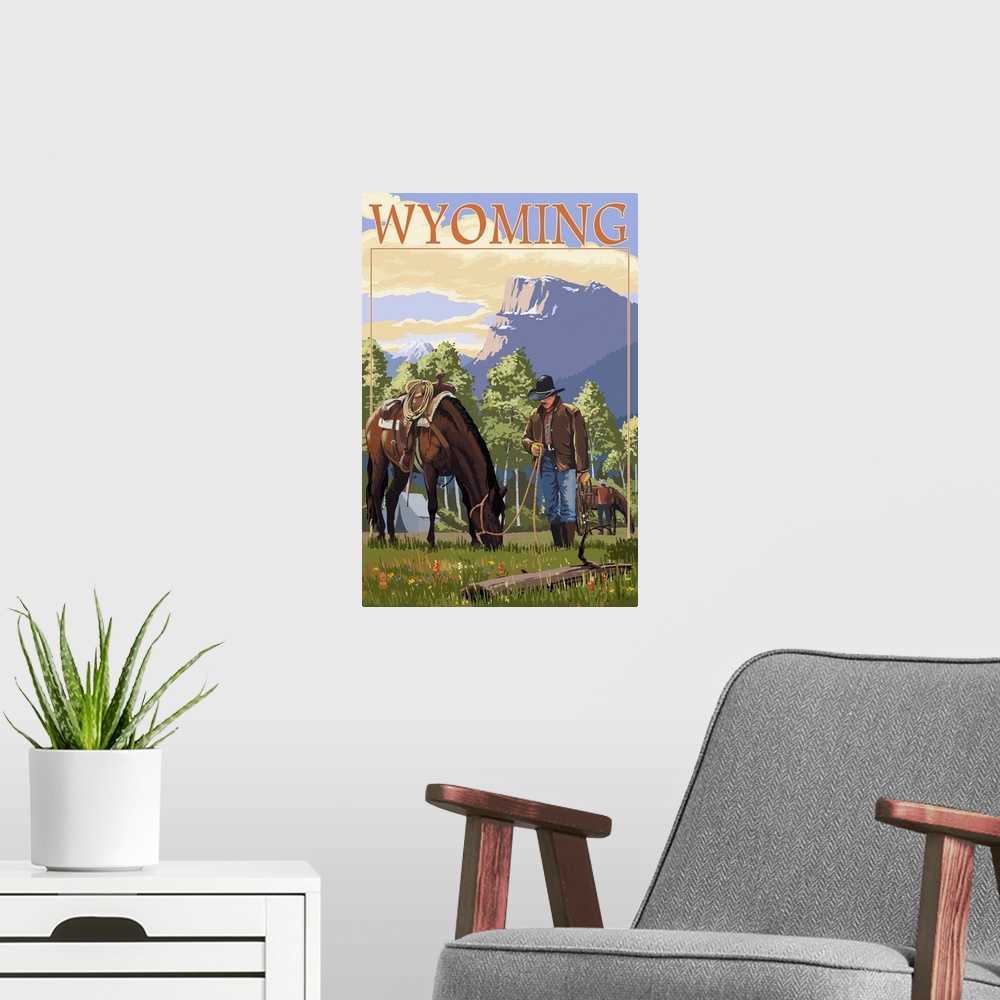 A modern room featuring Retro stylized art poster of a cowboy letting his horse graze on lush green grass.