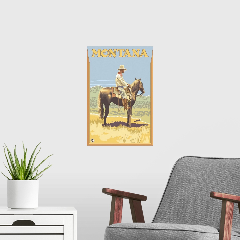 A modern room featuring Cowboy on Horseback - Montana: Retro Travel Poster