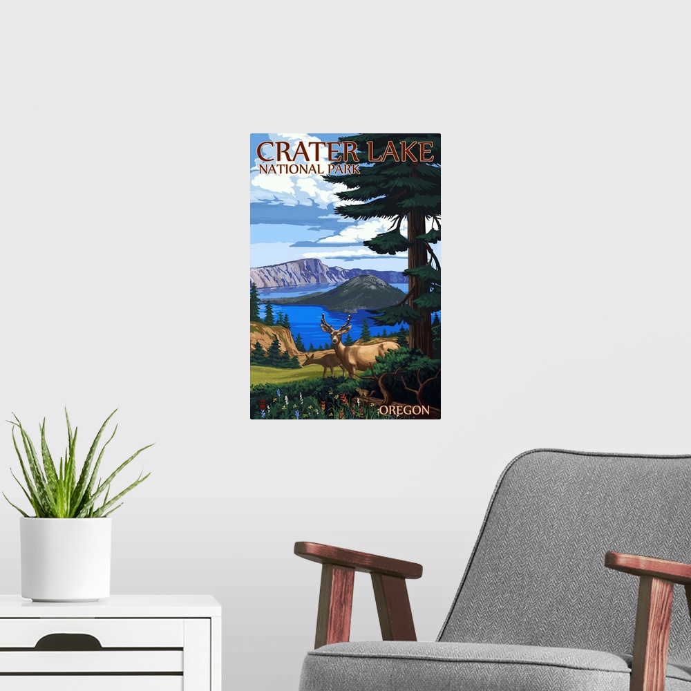 A modern room featuring Crater Lake National Park, Oregon - Deer Family: Retro Travel Poster