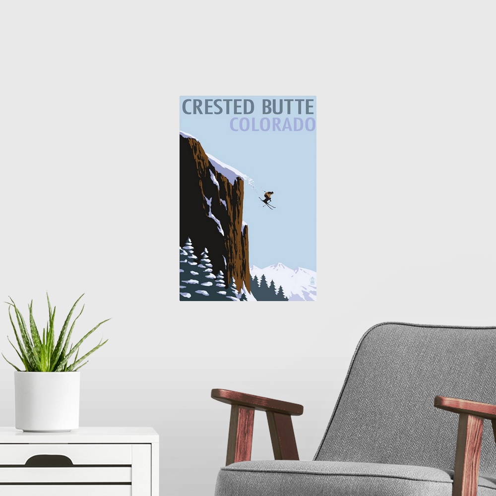 A modern room featuring Retro stylized art poster of a skier leaping of a mountain side. With snow trailing behind the skis.