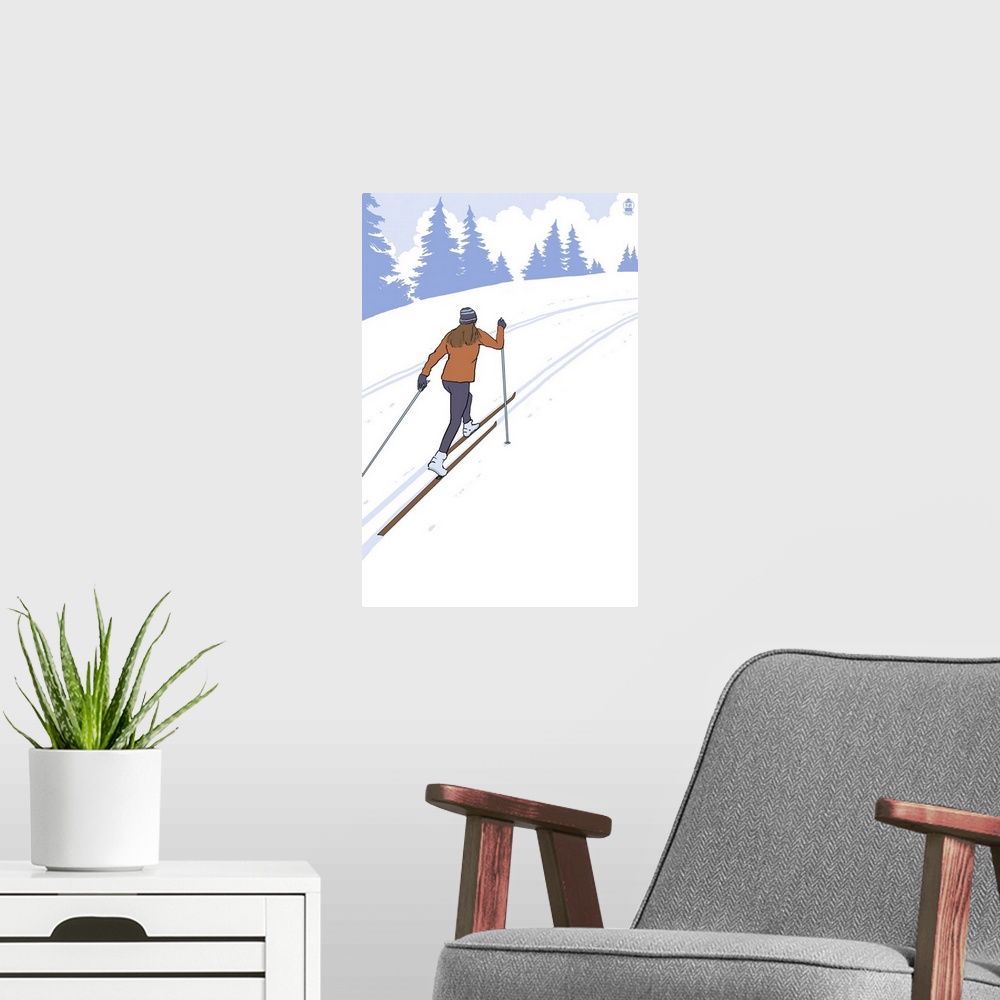 A modern room featuring Retro stylized art poster of a cross country skier, with trees in the background.