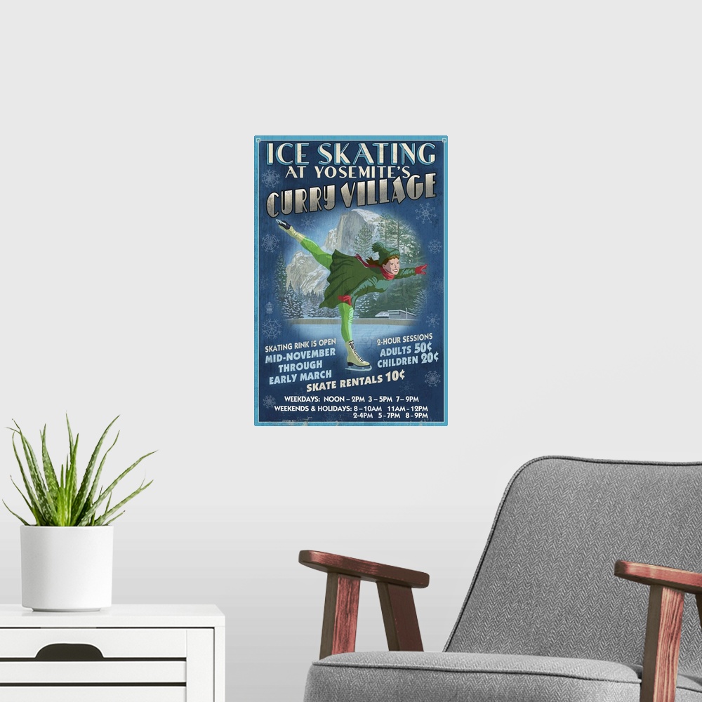 A modern room featuring Curry Village Ice Skater - Yosemite National Park, California: Retro Travel Poster