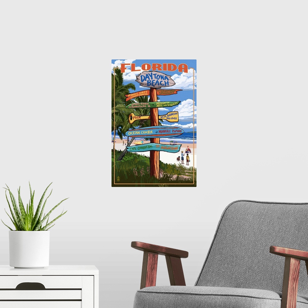 A modern room featuring Daytona Beach, Florida - Sign Destinations: Retro Travel Poster