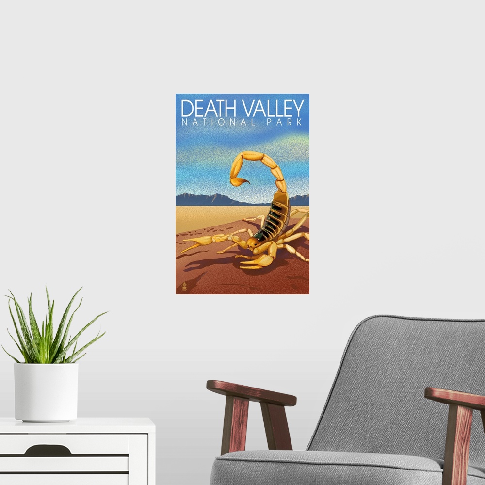 A modern room featuring Death Valley National Park, Scorpion: Retro Travel Poster