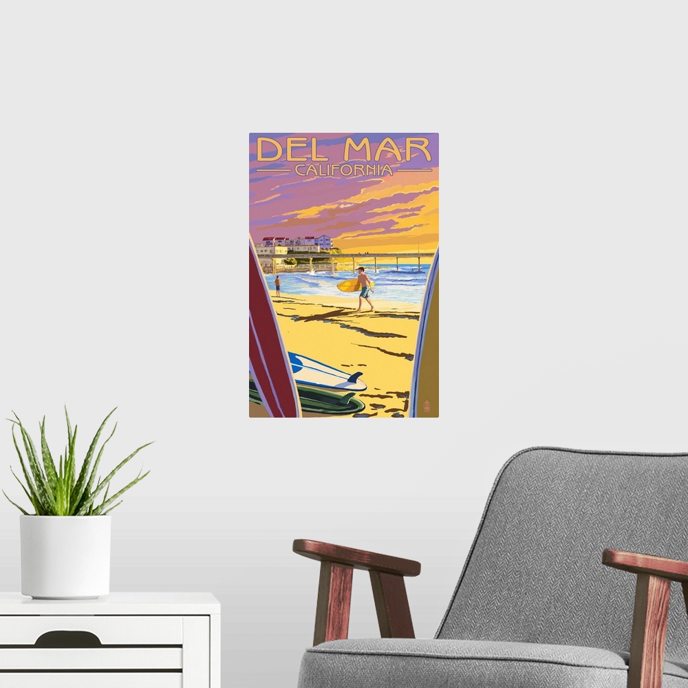 A modern room featuring Retro stylized art poster of a surfer on the beach at night, with a pier in the background.