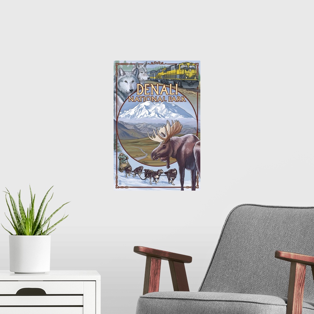 A modern room featuring Denali National Park, AK - Train Version: Retro Travel Poster