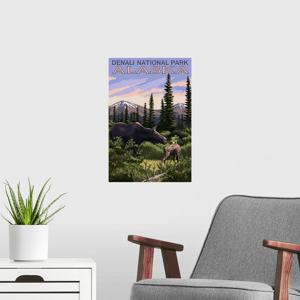 A modern room featuring A retro stylized art poster of a moose and calf in a forest meadow.