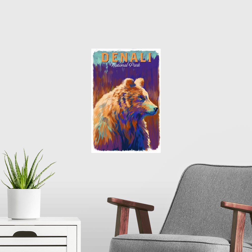 A modern room featuring Denali National Park and Preserve, Bear Portrait: Retro Travel Poster