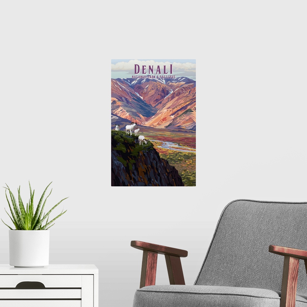A modern room featuring Denali National Park and Preserve, Bighorn Sheep: Retro Travel Poster