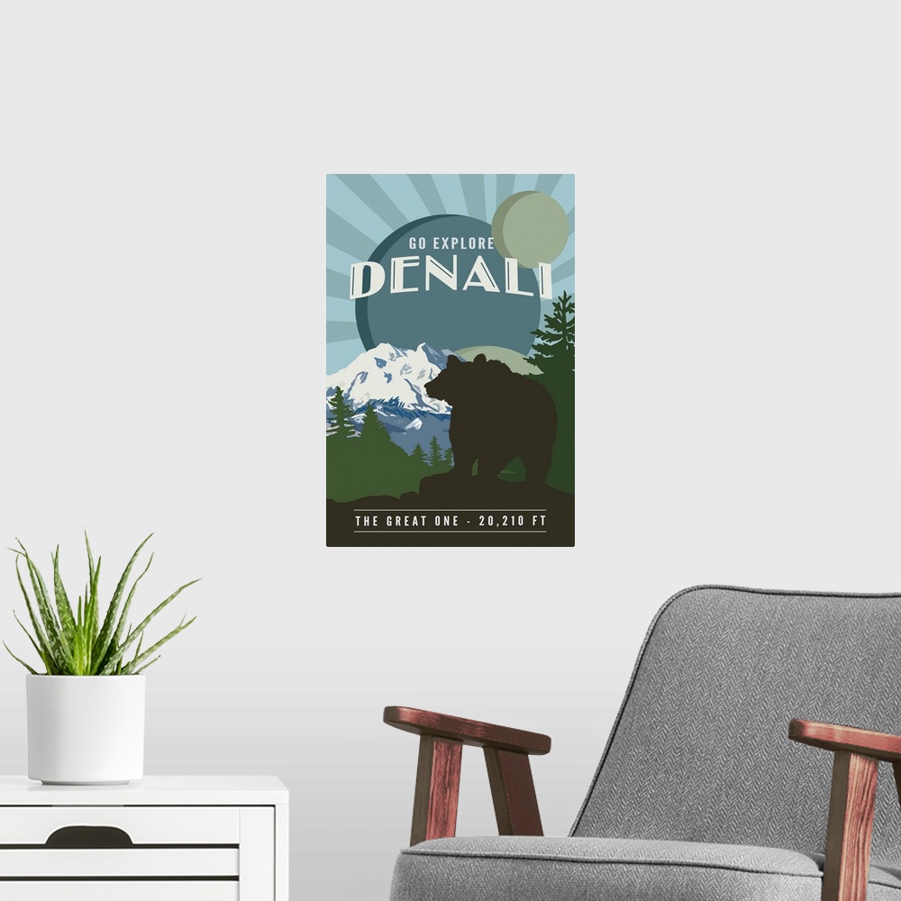 A modern room featuring Denali National Park and Preserve, Go Explore: Graphic Travel Poster