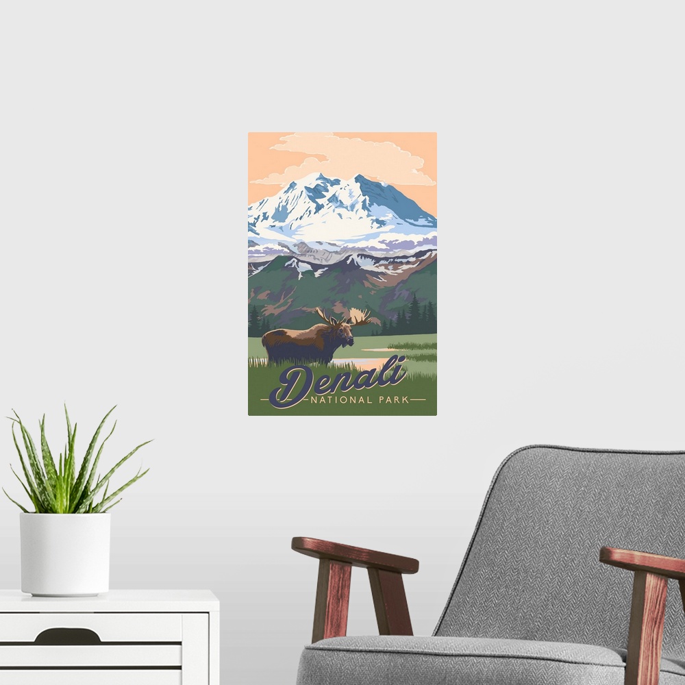 A modern room featuring Denali National Park and Preserve, Moose In Nature: Retro Travel Poster