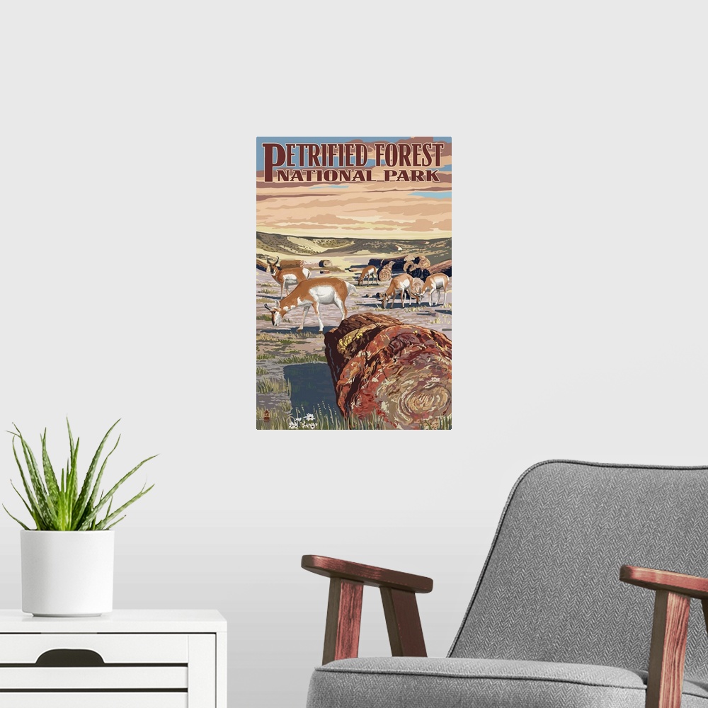 A modern room featuring Desert and Antelope - Petrified Forest National Park: Retro Travel Poster