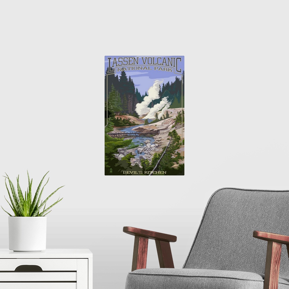 A modern room featuring Devils Kitchen - Lassen Volcanic National Park, CA Retro Travel Poster