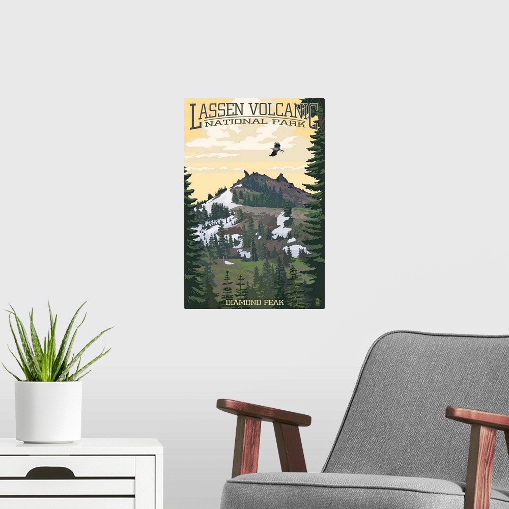 A modern room featuring Retro stylized art poster of a volcano peak. With trees below, and a bird in flight.