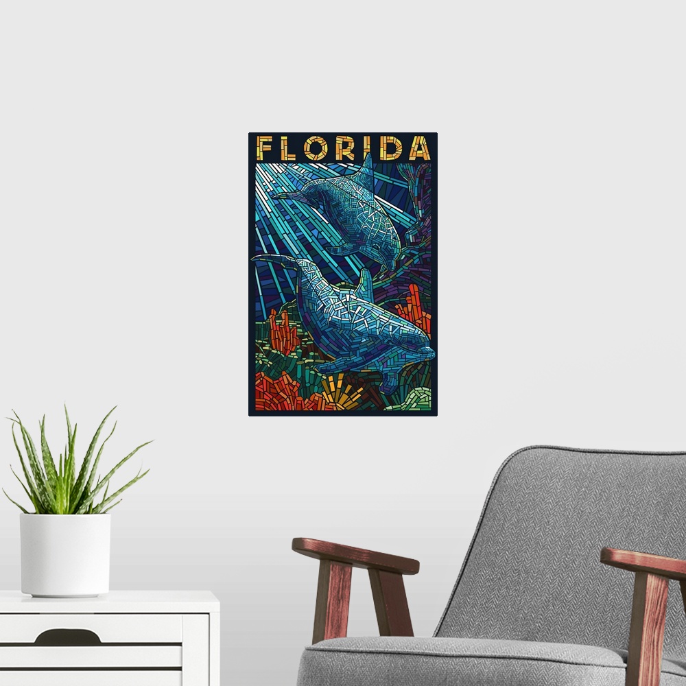 A modern room featuring Dolphin Paper Mosaic - Florida: Retro Travel Poster