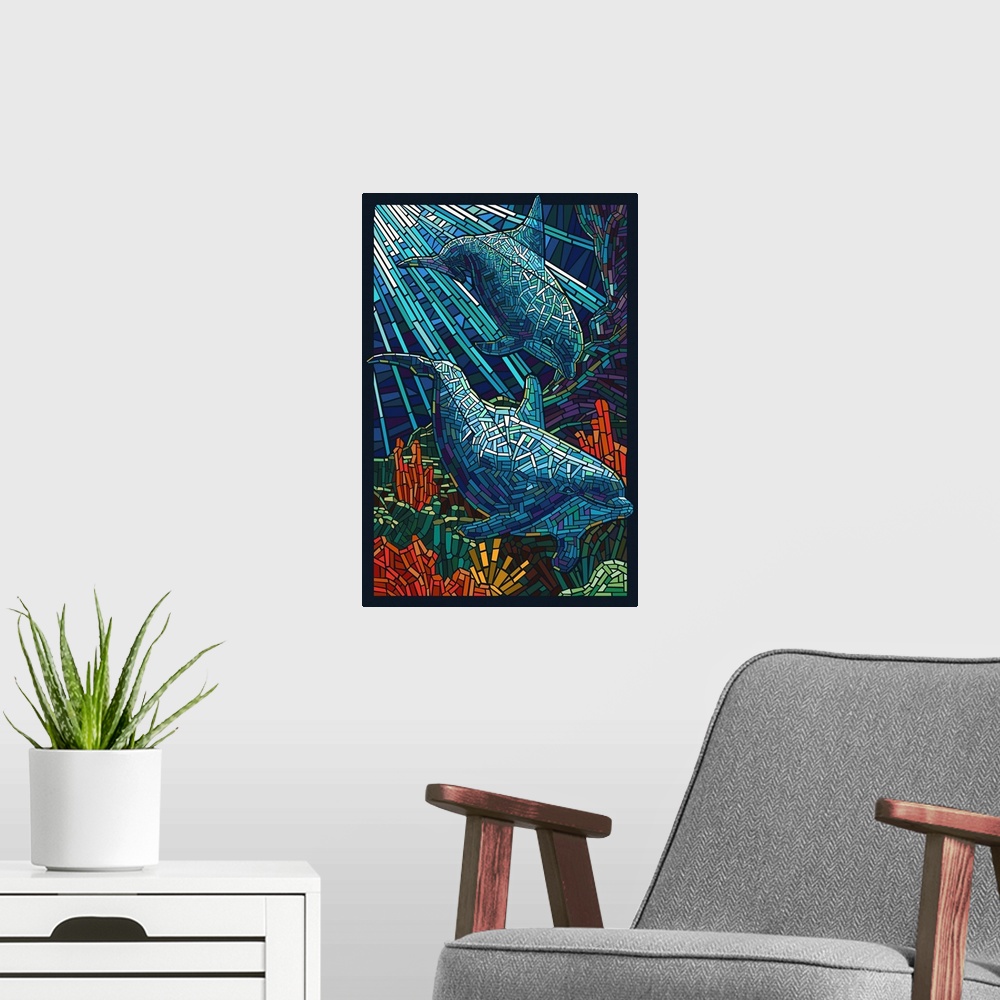 A modern room featuring Dolphin - Paper Mosaic: Retro Travel Poster