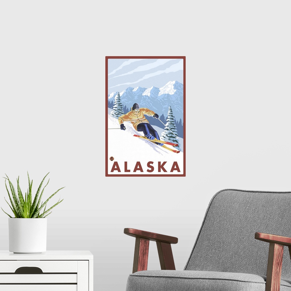 A modern room featuring Downhhill Snow Skier - Alaska: Retro Travel Poster