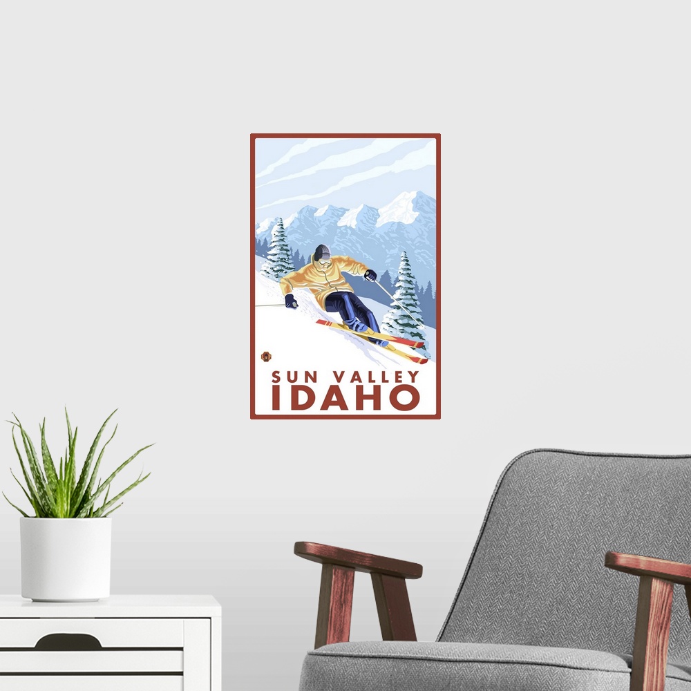 A modern room featuring Downhhill Snow Skier - Sun Valley, Idaho: Retro Travel Poster