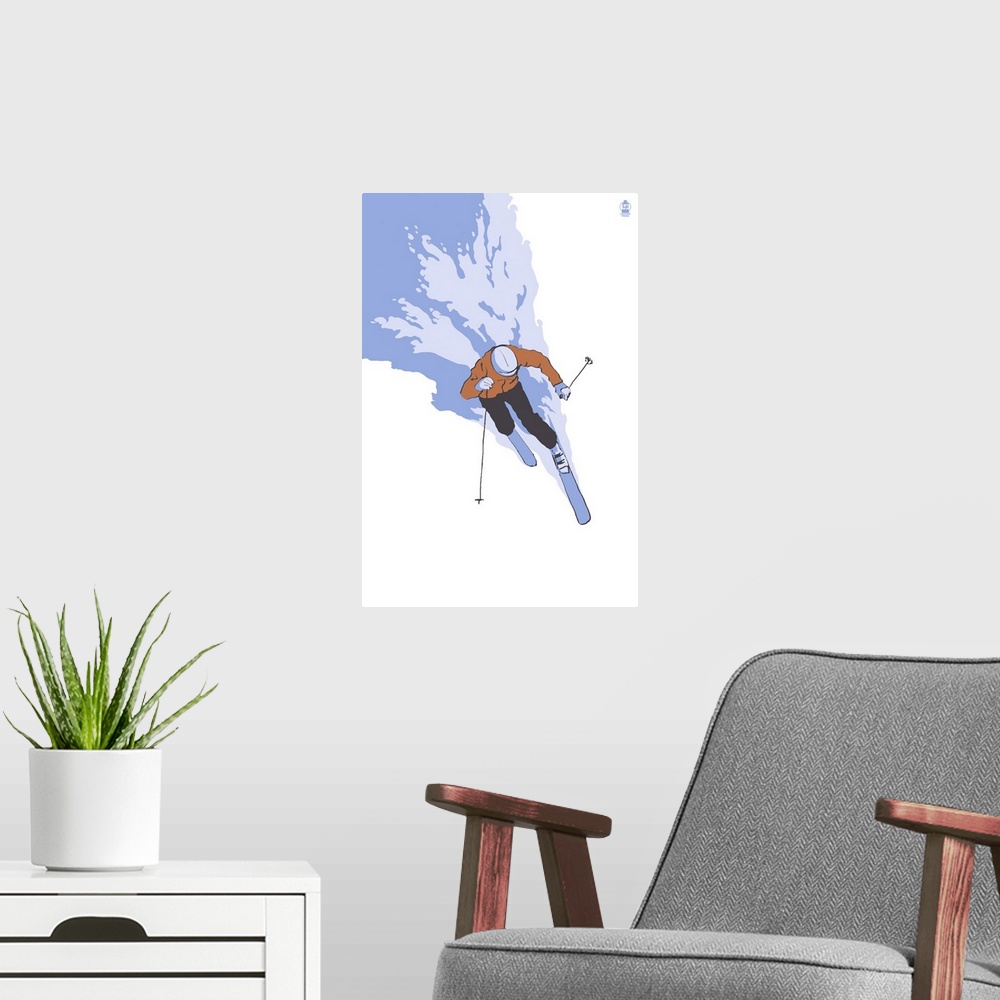 A modern room featuring Retro stylized art poster of an aerial view of a downhill skier.