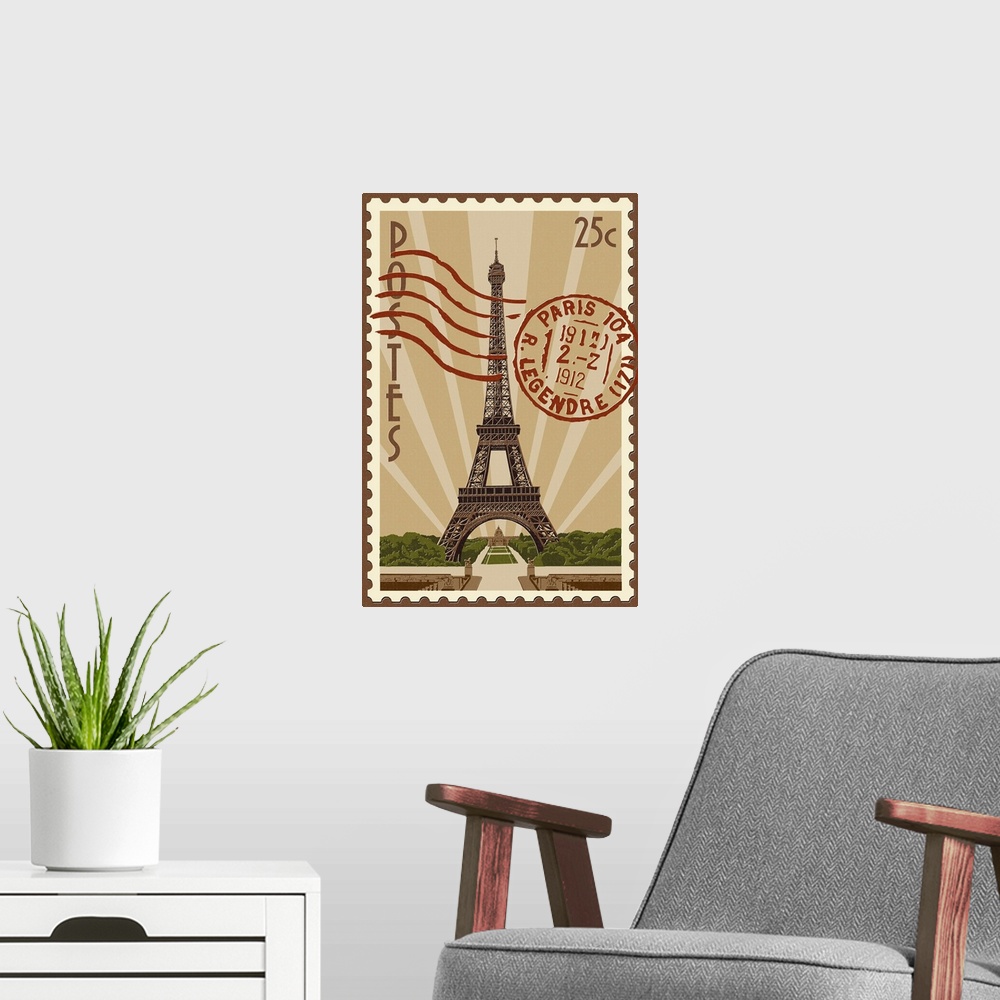 A modern room featuring Eiffel Tower - Letterpress: Retro Art Poster