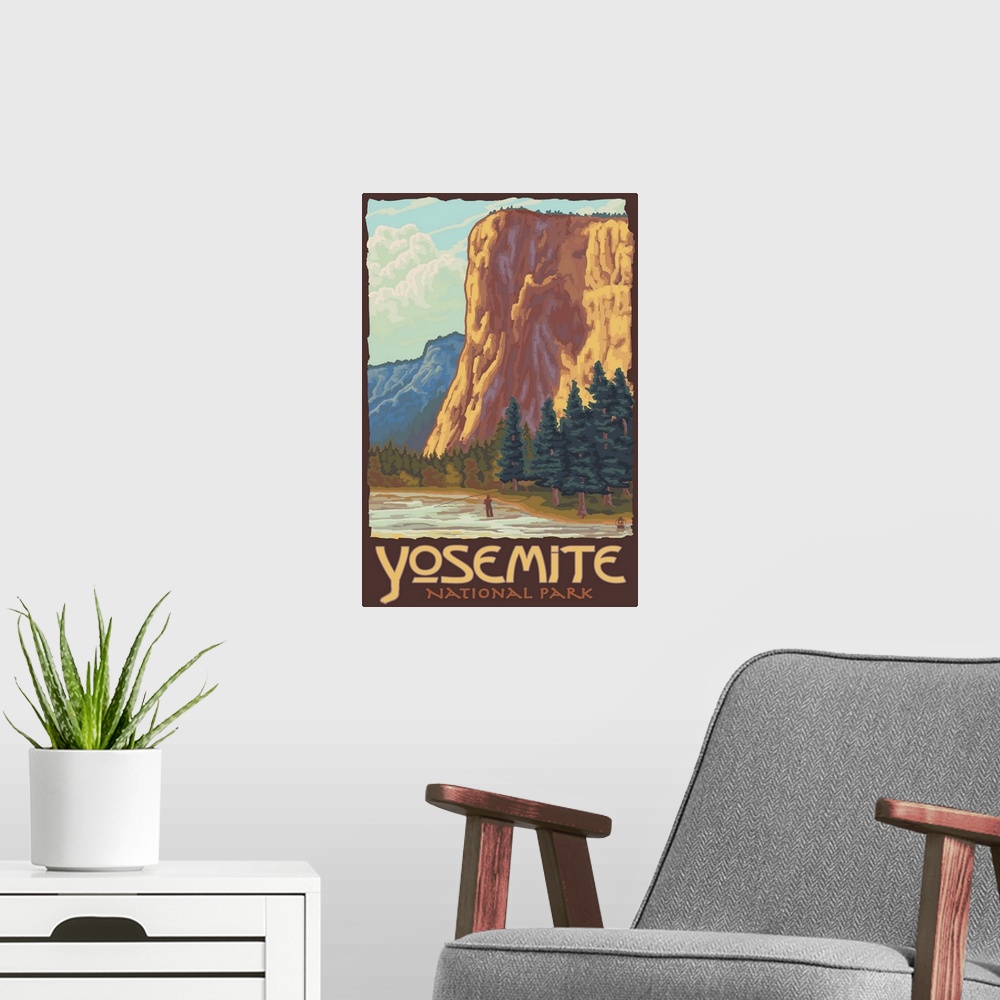 A modern room featuring El Capitan Yosemite: Retro Travel Poster