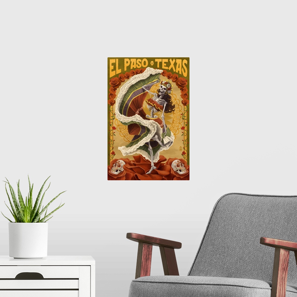 A modern room featuring El Paso, Texas - Day of the Dead Dancer: Retro Travel Poster