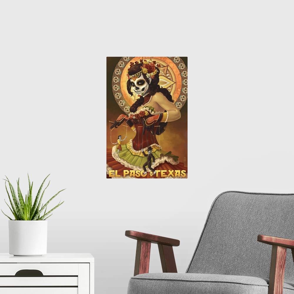 A modern room featuring El Paso, Texas - Day of the Dead Marionettes: Retro Travel Poster
