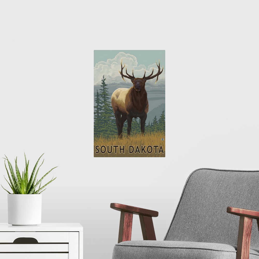 A modern room featuring Elk Scene - South Dakota: Retro Travel Poster