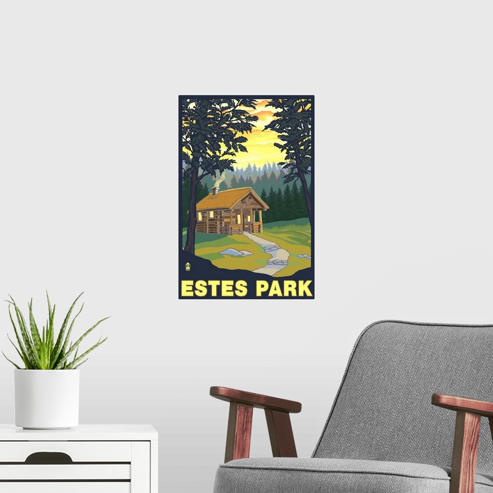 A modern room featuring Estes Park, Colorado - Cabin Scene: Retro Travel Poster