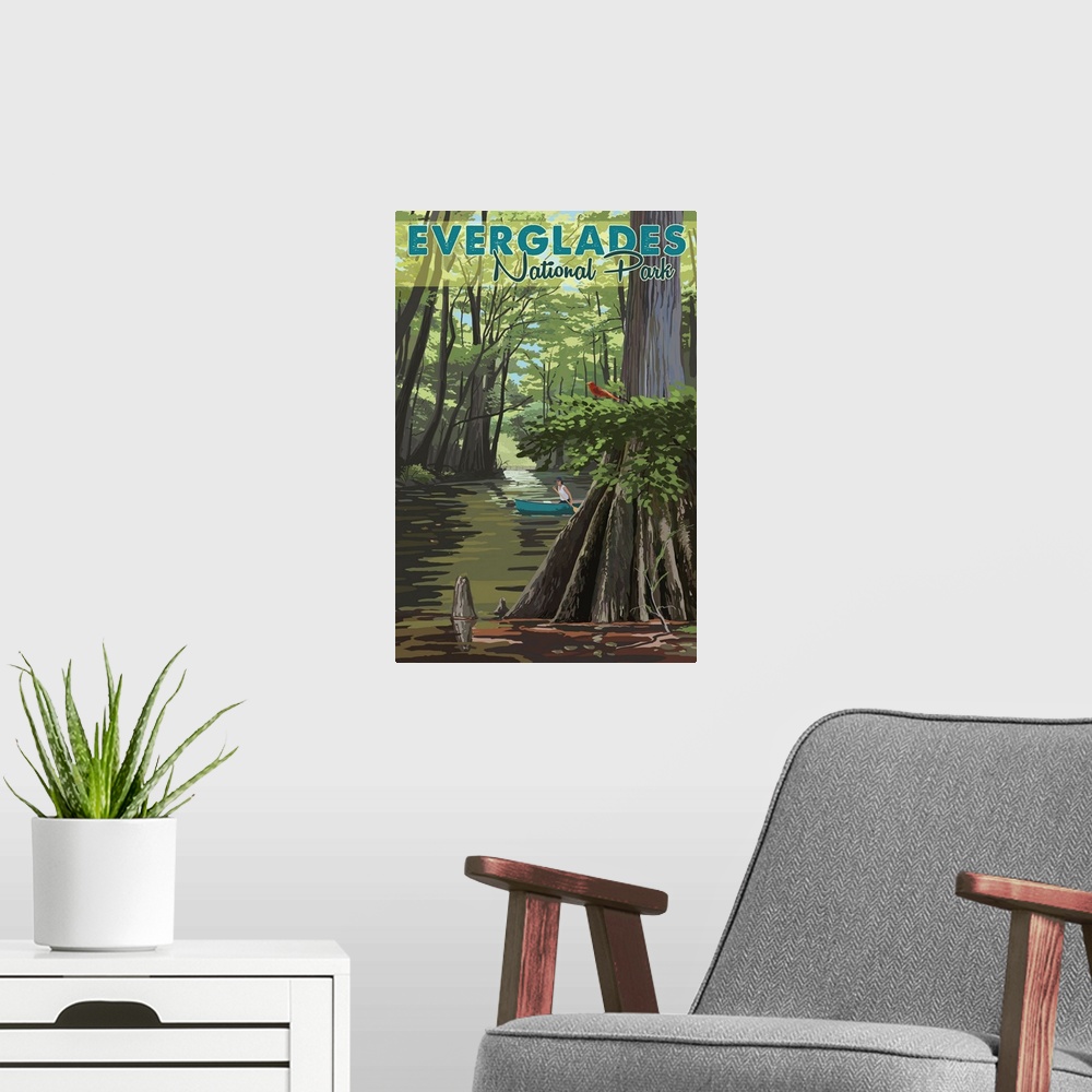 A modern room featuring Everglades National Park, Canoeing In The Wetlands: Retro Travel Poster