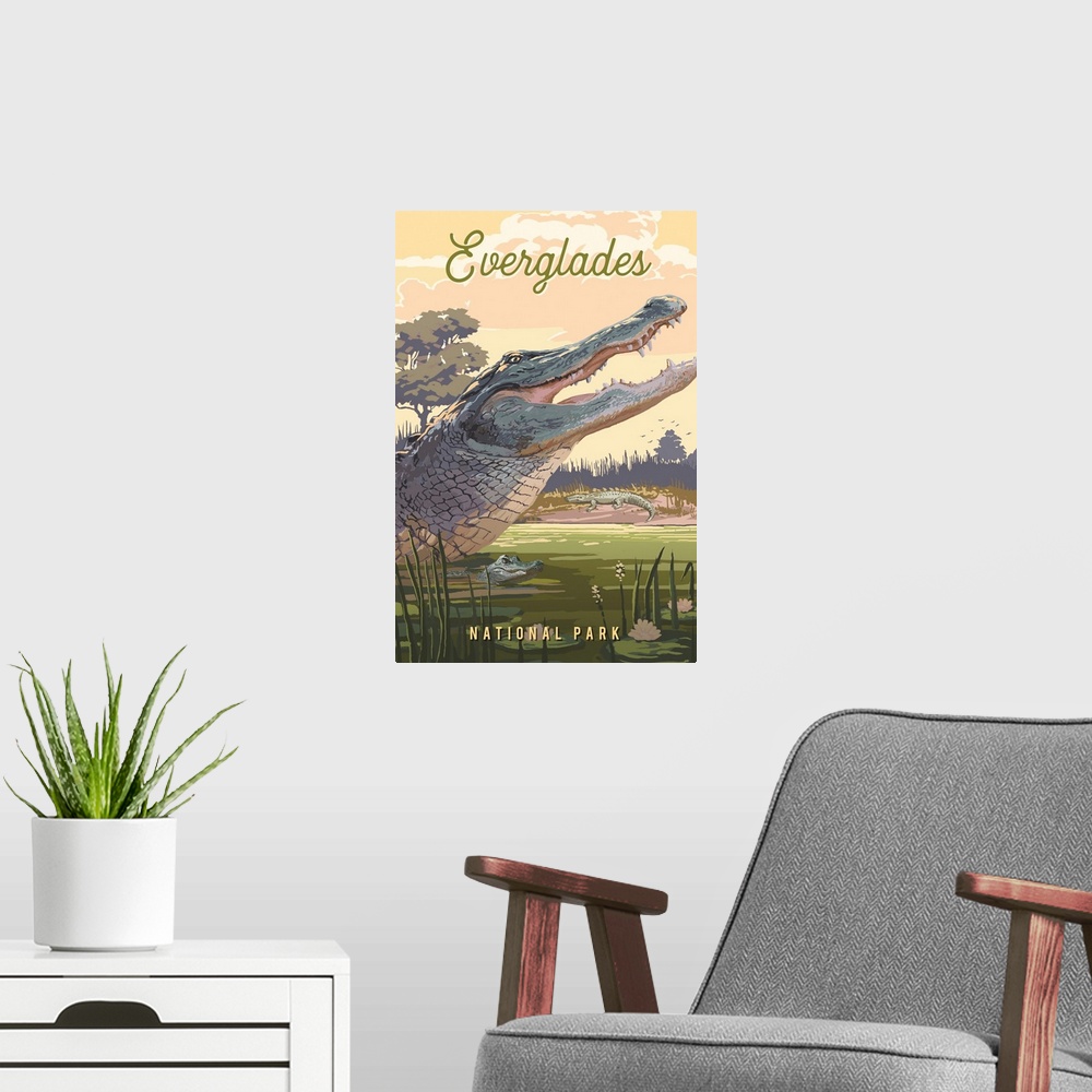 A modern room featuring Everglades National Park, Crocodile: Retro Travel Poster