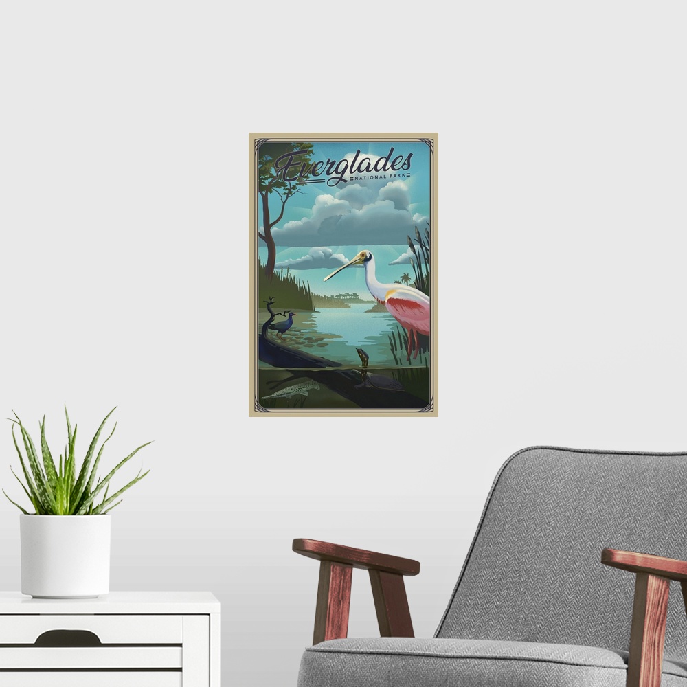 A modern room featuring Everglades National Park, Roseate Spoonbill: Retro Travel Poster