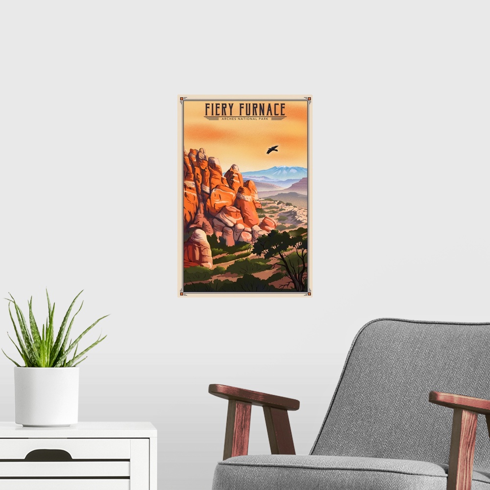 A modern room featuring Fiery Furnace National Park, Natural Landscape: Retro Travel Poster