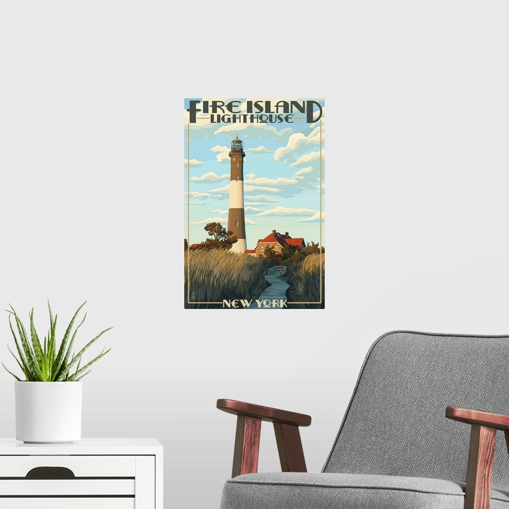 A modern room featuring Fire Island Lighthouses - Captree Island, New York: Retro Travel Poster