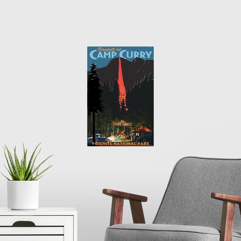 A modern room featuring Firefall and Camp Curry - Yosemite National Park, California: Retro Travel Poster