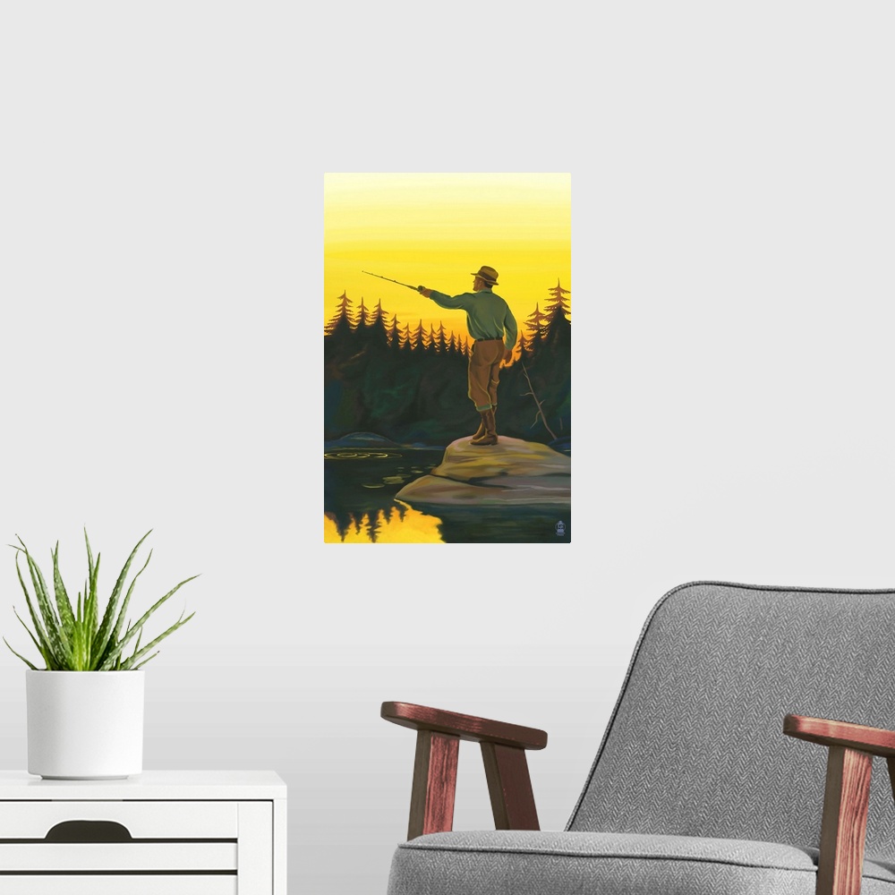 A modern room featuring Retro stylized art poster of a fisherman casting his line.