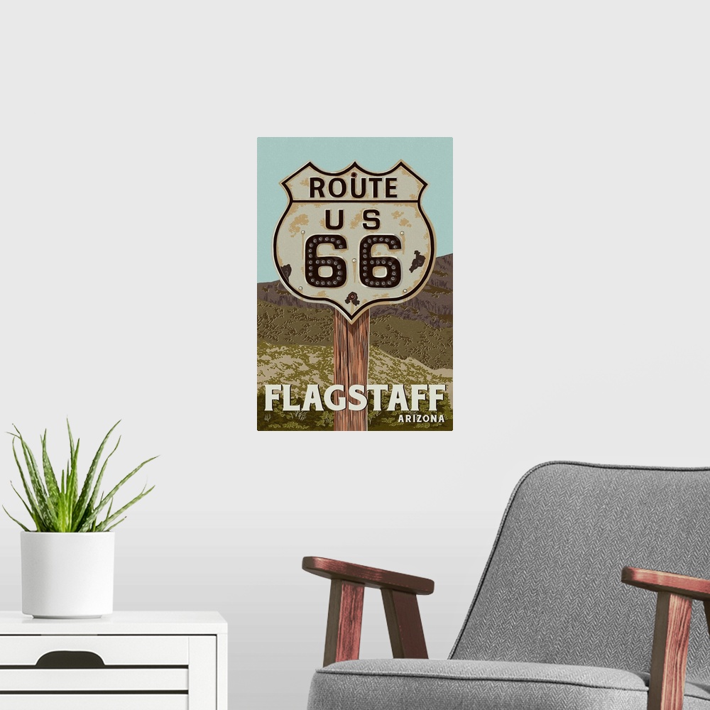A modern room featuring Flagstaff, Arizona - Route 66 - Letterpress