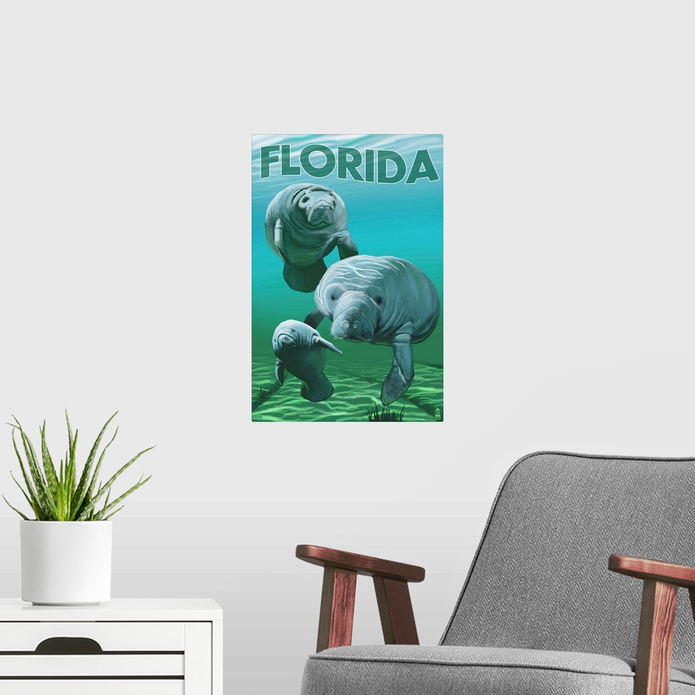 A modern room featuring Retro stylized art poster of manatees floating in a gentle green sea.