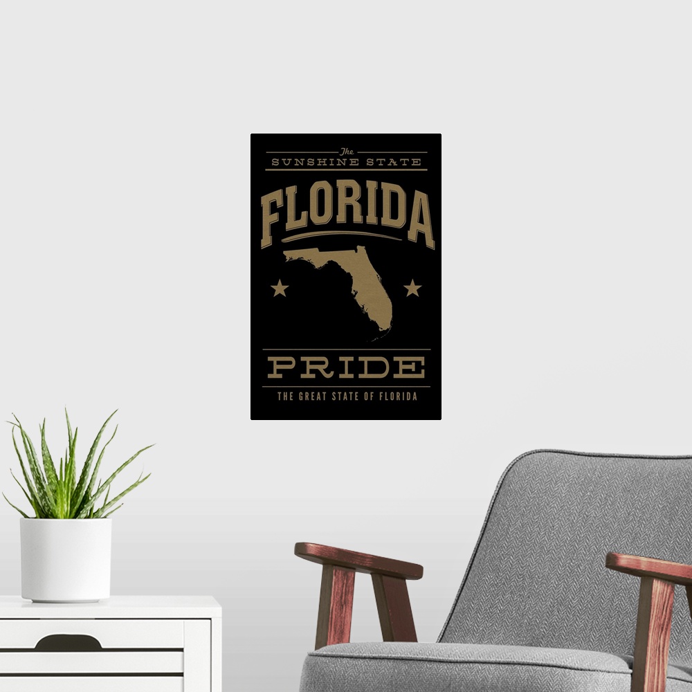 A modern room featuring The Florida state outline on black with gold text.