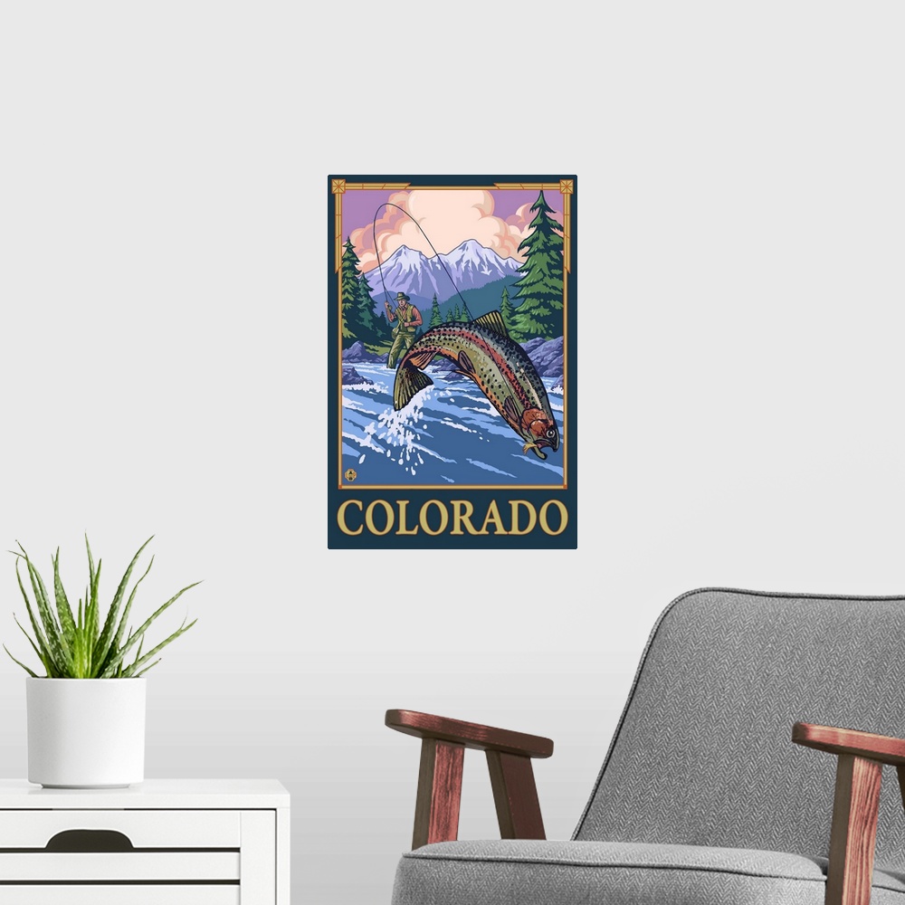 A modern room featuring Fly Fisherman - Colorado: Retro Travel Poster