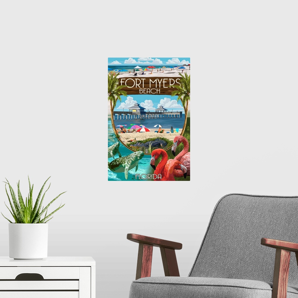 A modern room featuring Retro stylized art poster of a pier over the ocean in the center of the image, with other coastal...